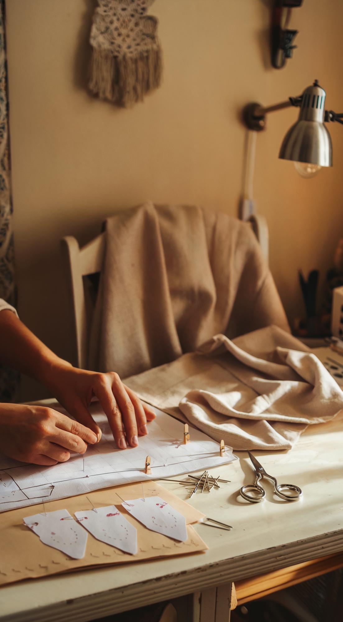Sedia e tavolo dell'atelier con campioni di tessuto